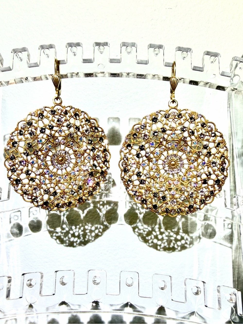 Delicate & Feminine Golden Filigree Crystal Round Drop Pierced Earrings
